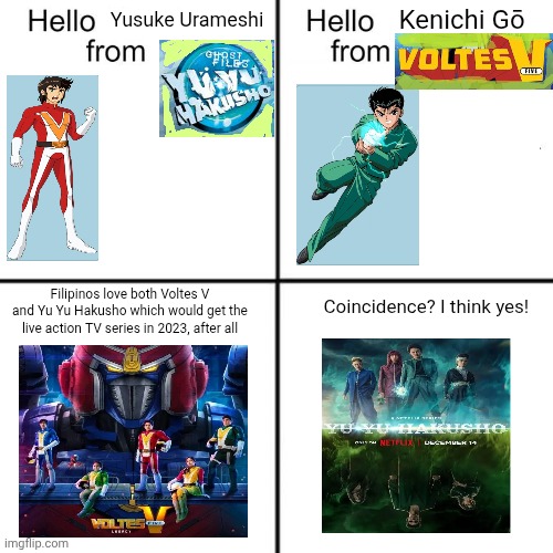 hello person from | Yusuke Urameshi; Kenichi Gō; Filipinos love both Voltes V and Yu Yu Hakusho which would get the live action TV series in 2023, after all; Coincidence? I think yes! | image tagged in hello person from,voltes v,philippines,yu yu hakusho | made w/ Imgflip meme maker