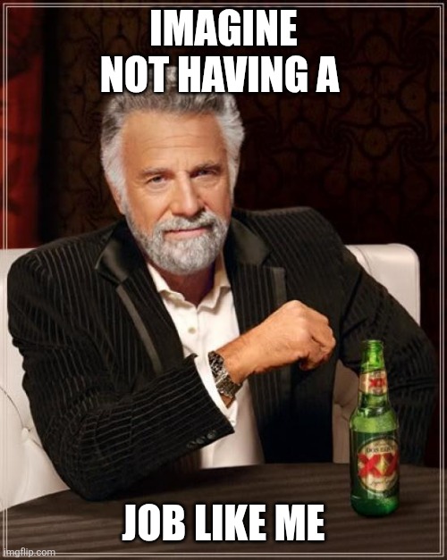 Simple | IMAGINE NOT HAVING A; JOB LIKE ME | image tagged in memes,the most interesting man in the world | made w/ Imgflip meme maker