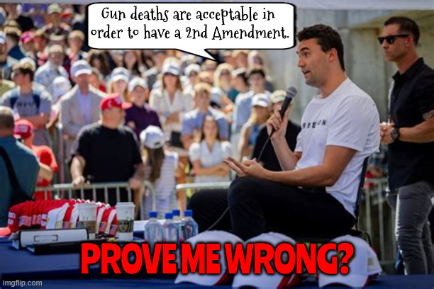 PROVE ME WRONG | Gun deaths are acceptable in 
order to have a 2nd Amendment. PROVE ME WRONG? | image tagged in prove me wrong,2nd amendment,therory is full of holes,sorry charlie,charlie kirk,maga mendacity | made w/ Imgflip meme maker