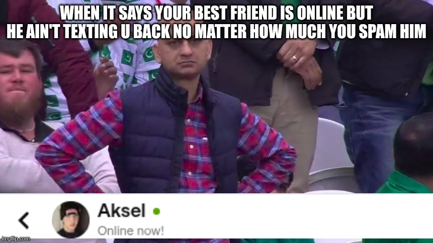 arms crossed | WHEN IT SAYS YOUR BEST FRIEND IS ONLINE BUT HE AIN'T TEXTING U BACK NO MATTER HOW MUCH YOU SPAM HIM | image tagged in arms crossed | made w/ Imgflip meme maker