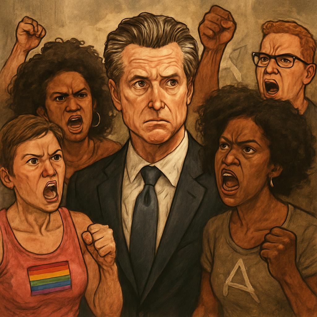 Gavin newsom surrounded by angry gays and black women Blank Meme Template