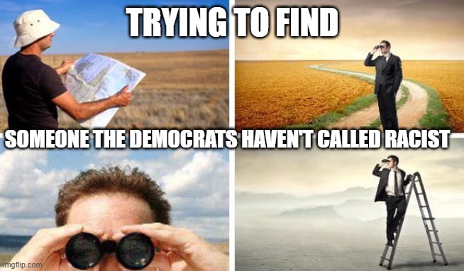 Me Trying To Find | TRYING TO FIND; SOMEONE THE DEMOCRATS HAVEN'T CALLED RACIST | image tagged in me trying to find | made w/ Imgflip meme maker