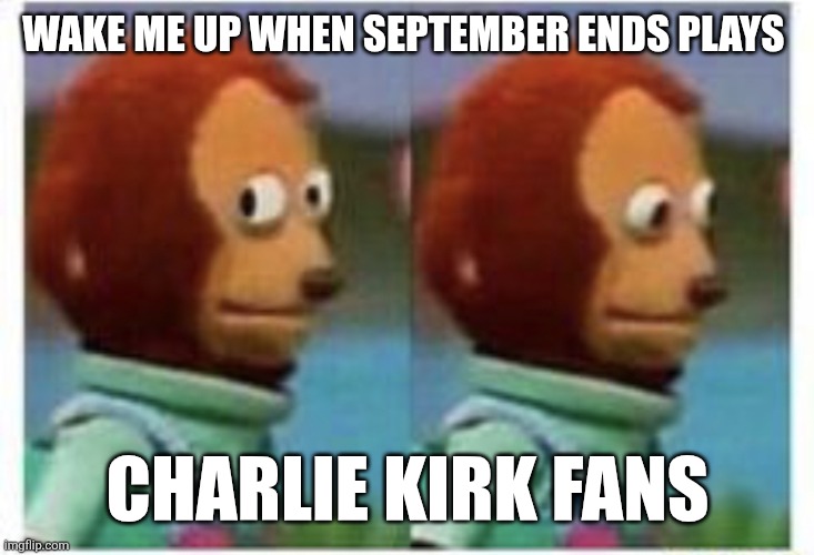 side eye teddy | WAKE ME UP WHEN SEPTEMBER ENDS PLAYS; CHARLIE KIRK FANS | image tagged in side eye teddy | made w/ Imgflip meme maker