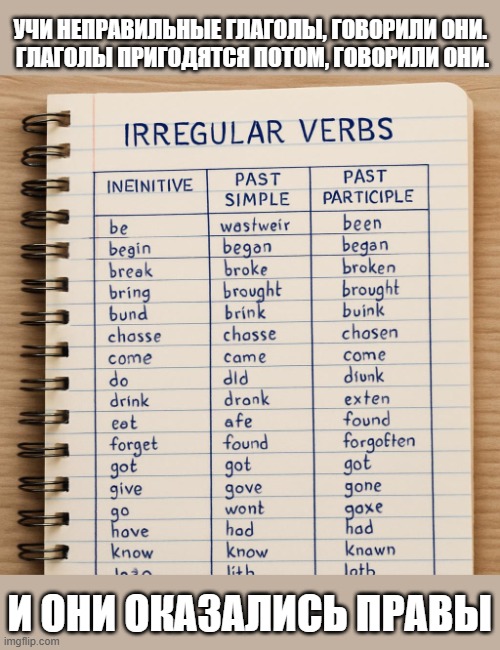 Irregular verbs | УЧИ НЕПРАВИЛЬНЫЕ ГЛАГОЛЫ, ГОВОРИЛИ ОНИ. 
ГЛАГОЛЫ ПРИГОДЯТСЯ ПОТОМ, ГОВОРИЛИ ОНИ. И ОНИ ОКАЗАЛИСЬ ПРАВЫ | image tagged in irregular verbs table in a student's copybook | made w/ Imgflip meme maker