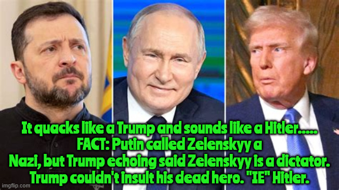 Trump's wonderful hero | It quacks like a Trump and sounds like a Hitler.....
FACT: Putin called Zelenskyy a Nazi, but Trump echoing said Zelenskyy is a dictator.
Trump couldn't insult his dead hero. "IE" Hitler. | image tagged in trump's wonderful hero,hitler's an enigma don't you know,maga moscow kowtow,the holocust museum was amazing,mine trumpf | made w/ Imgflip meme maker