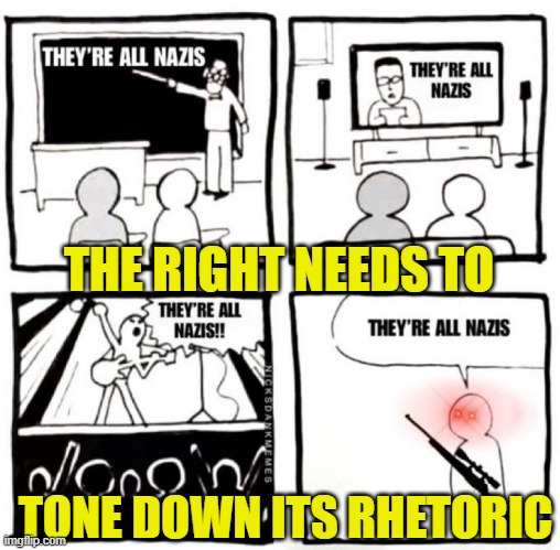 The entirety of the left demonizes conservative ideas then wonder why crazy liberals start shooting | THE RIGHT NEEDS TO; TONE DOWN ITS RHETORIC | image tagged in nazi,make america great again,maga,kirk,assassination,sniper | made w/ Imgflip meme maker