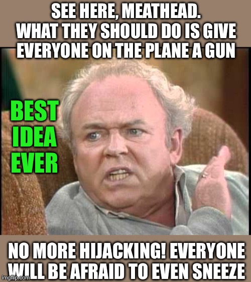 Archie bunker | SEE HERE, MEATHEAD. WHAT THEY SHOULD DO IS GIVE EVERYONE ON THE PLANE A GUN NO MORE HIJACKING! EVERYONE WILL BE AFRAID TO EVEN SNEEZE BEST I | image tagged in archie bunker | made w/ Imgflip meme maker