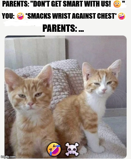 get-smart | PARENTS: "DON'T GET SMART WITH US! 🤨"; YOU: 🤪*SMACKS WRIST AGAINST CHEST*🤪; PARENTS: ... 🤣☠️ | image tagged in cattempt | made w/ Imgflip meme maker