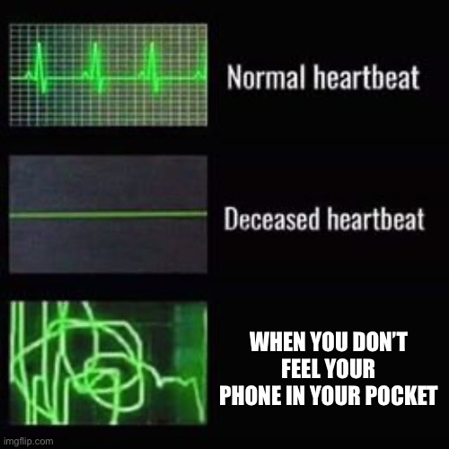 heartbeat rate | WHEN YOU DON’T FEEL YOUR PHONE IN YOUR POCKET | image tagged in heartbeat rate | made w/ Imgflip meme maker