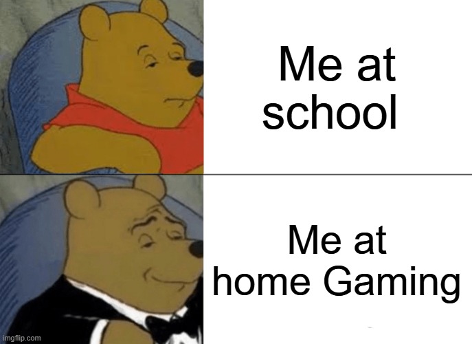 Tuxedo Winnie The Pooh | Me at school; Me at home Gaming | image tagged in memes,tuxedo winnie the pooh | made w/ Imgflip meme maker