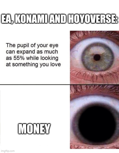 the pupil of your eye can expand | EA, KONAMI AND HOYOVERSE: MONEY | image tagged in the pupil of your eye can expand | made w/ Imgflip meme maker