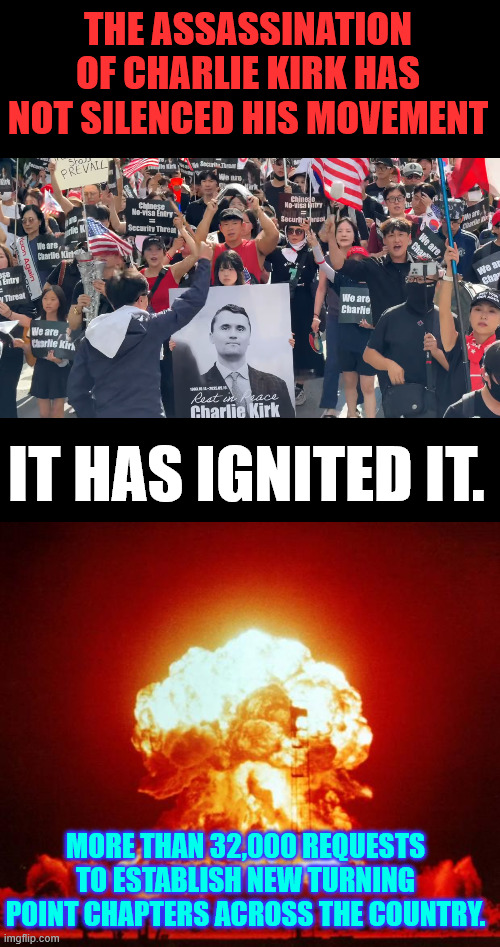 Charlie won | THE ASSASSINATION OF CHARLIE KIRK HAS NOT SILENCED HIS MOVEMENT; IT HAS IGNITED IT. MORE THAN 32,000 REQUESTS TO ESTABLISH NEW TURNING POINT CHAPTERS ACROSS THE COUNTRY. | image tagged in massive response,against,suppression of free speech | made w/ Imgflip meme maker