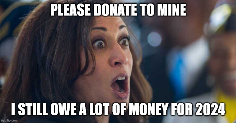 kamala harriss | PLEASE DONATE TO MINE I STILL OWE A LOT OF MONEY FOR 2024 | image tagged in kamala harriss | made w/ Imgflip meme maker
