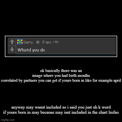 ok basically there was an image where you had birth months correlated by partners you can get if youre born in like for example april | anyw | image tagged in funny,demotivationals | made w/ Imgflip demotivational maker