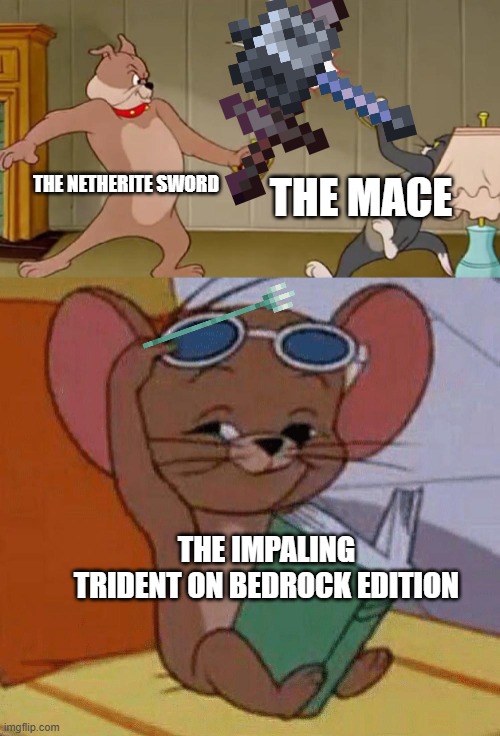 can you relate 2 | THE NETHERITE SWORD; THE MACE; THE IMPALING TRIDENT ON BEDROCK EDITION | image tagged in tom and jerry swordfight | made w/ Imgflip meme maker