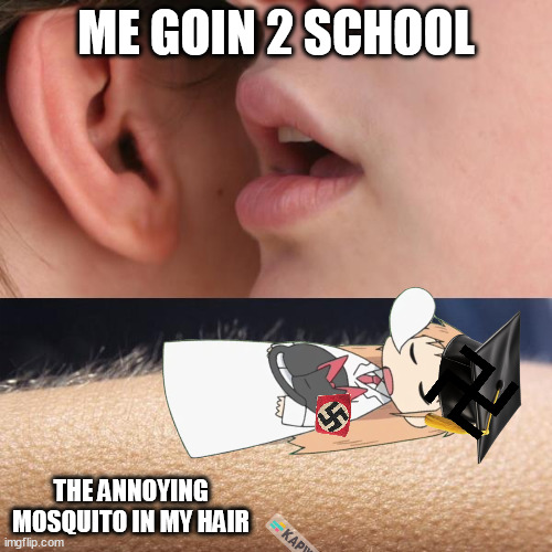 pinwheel mosquito is annoying that it make pinwheel sounds | ME GOIN 2 SCHOOL; THE ANNOYING MOSQUITO IN MY HAIR | image tagged in whisper and goosebumps | made w/ Imgflip meme maker