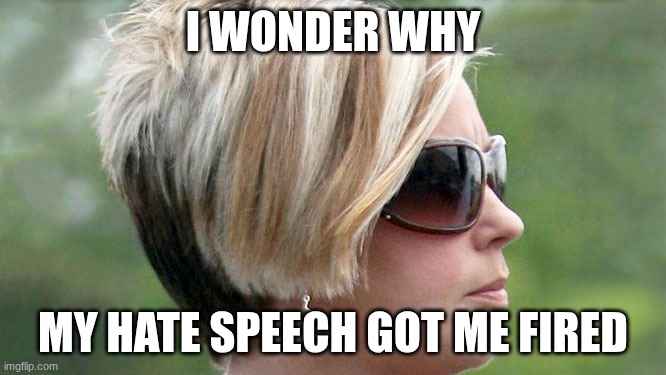 Karen | I WONDER WHY MY HATE SPEECH GOT ME FIRED | image tagged in karen | made w/ Imgflip meme maker