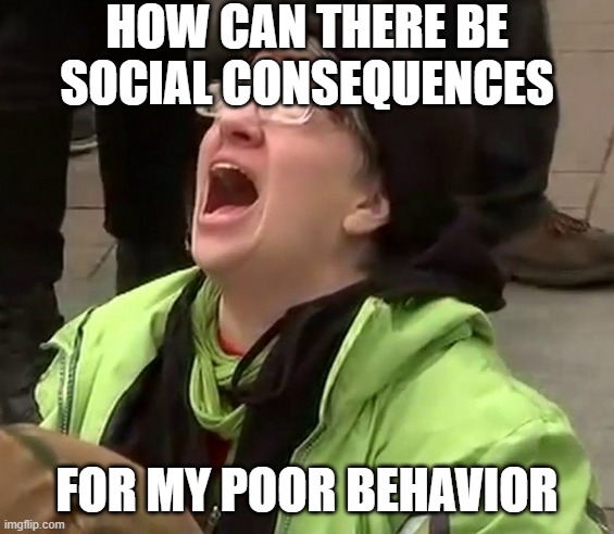Crying liberal | HOW CAN THERE BE SOCIAL CONSEQUENCES FOR MY POOR BEHAVIOR | image tagged in crying liberal | made w/ Imgflip meme maker