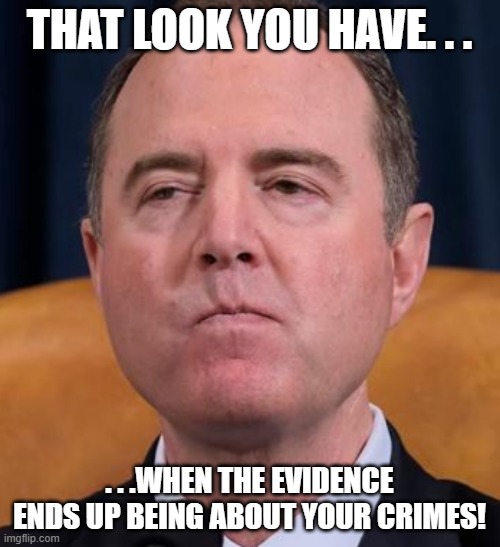 Schiff Squinting | THAT LOOK YOU HAVE. . . . . .WHEN THE EVIDENCE ENDS UP BEING ABOUT YOUR CRIMES! | image tagged in schiff squinting | made w/ Imgflip meme maker