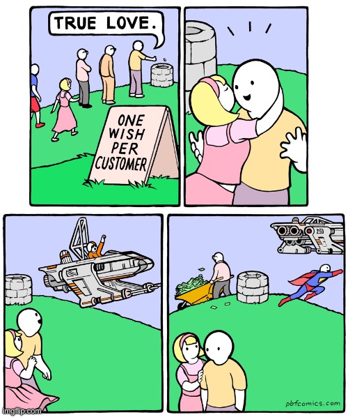 Wisher’s remorse… | image tagged in comics,pbf,wishing well,wrong wish,remorse | made w/ Imgflip meme maker