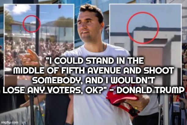 "I could stand in the middle of Fifth Avenue and shoot somebody, and I wouldn't lose any voters, OK?" - DONALD TRUMP | "I COULD STAND IN THE MIDDLE OF FIFTH AVENUE AND SHOOT SOMEBODY, AND I WOULDN'T LOSE ANY VOTERS, OK?" - DONALD TRUMP | image tagged in donald trump,charlie kirk,hate speech,rhetoric,maga,verbal threat | made w/ Imgflip meme maker