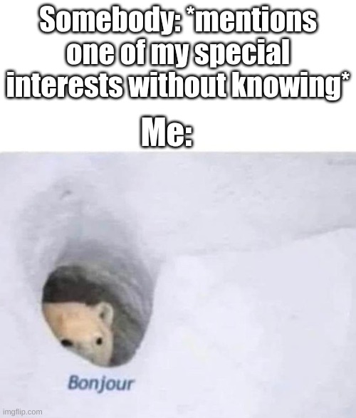 Especially since I've gotten a VERY popular one recently (iykyk tbh) | Somebody: *mentions one of my special interests without knowing*; Me: | image tagged in bonjour,also i can no longer see words normally too,like trap,bait,or even baby,more recently cookie too | made w/ Imgflip meme maker