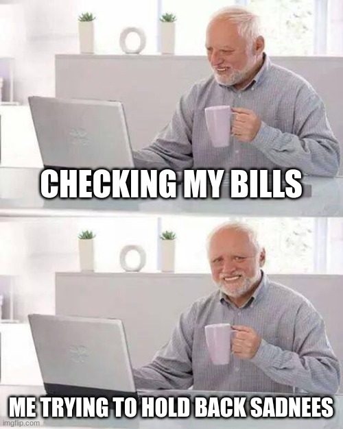 Hide the Pain Harold | CHECKING MY BILLS; ME TRYING TO HOLD BACK SADNEES | image tagged in memes,hide the pain harold | made w/ Imgflip meme maker