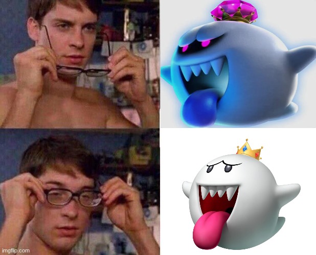 King Boo difference in Luigi's Mansion and Mario Kart | image tagged in spiderman glasses,memes,funny,mario,gaming | made w/ Imgflip meme maker