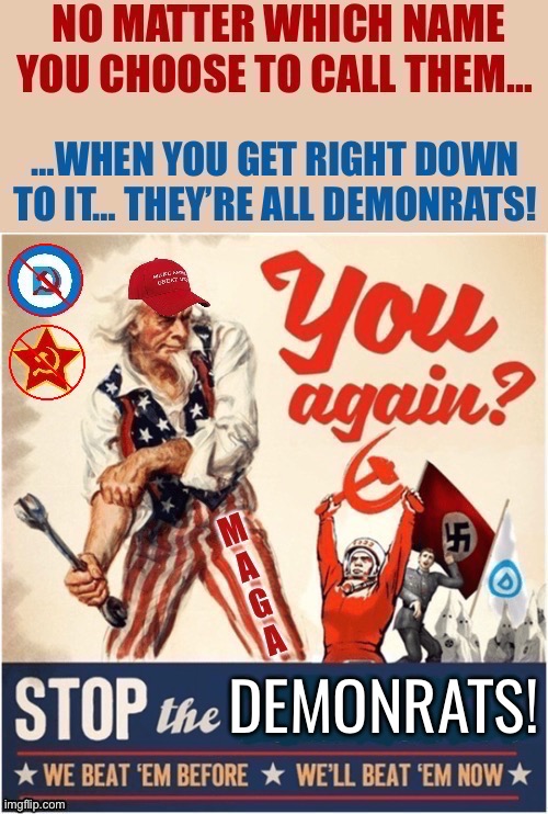 Two sides of the same totalitarian coin… | DEMONRATS! | image tagged in political meme,uncle sam,all demonrats,stop them,totalitarians | made w/ Imgflip meme maker