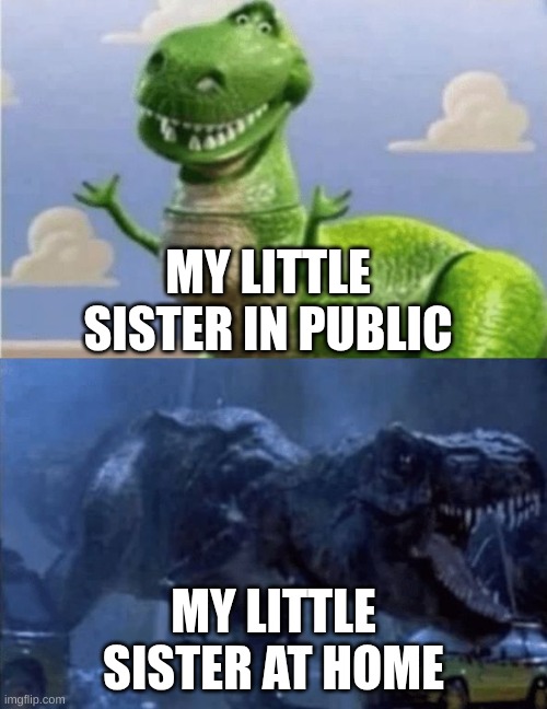 Happy Angry Dinosaur | MY LITTLE SISTER IN PUBLIC; MY LITTLE SISTER AT HOME | image tagged in happy angry dinosaur | made w/ Imgflip meme maker