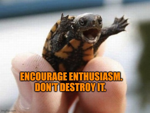 Encourage enthusiasm. Don't destroy it | ENCOURAGE ENTHUSIASM. DON'T DESTROY IT. | image tagged in enthusiasm,management,leadership,autism,wellbeing | made w/ Imgflip meme maker