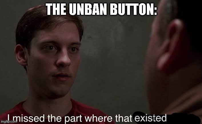 I missed the part where that existed | THE UNBAN BUTTON: | image tagged in i missed the part where that existed | made w/ Imgflip meme maker