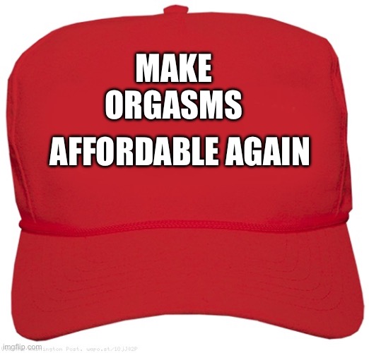 MOAA | MAKE ORGASMS; AFFORDABLE AGAIN | image tagged in blank red maga hat,make,orgasms,great,again | made w/ Imgflip meme maker