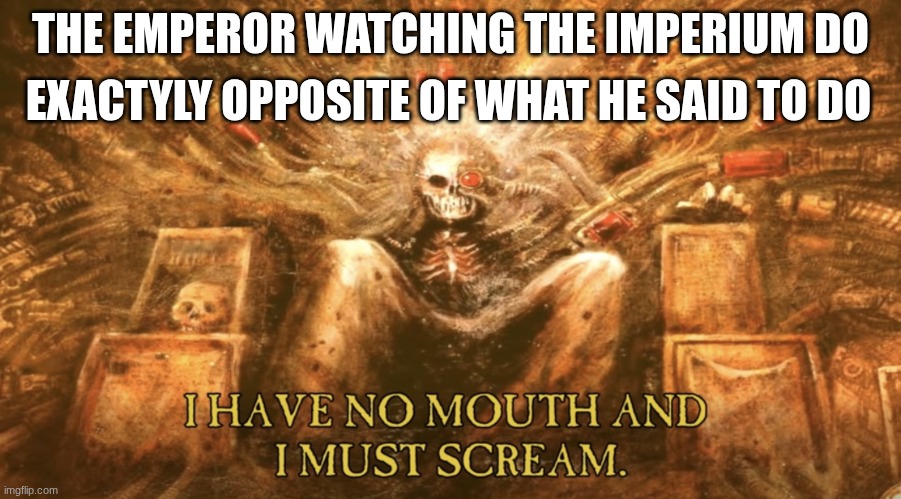 Warhammer meme | EXACTYLY OPPOSITE OF WHAT HE SAID TO DO; THE EMPEROR WATCHING THE IMPERIUM DO | image tagged in i have no mouth and i must scream | made w/ Imgflip meme maker