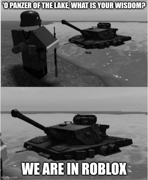 Panzer of the lake | 'O PANZER OF THE LAKE, WHAT IS YOUR WISDOM? WE ARE IN ROBLOX | image tagged in panzer of the lake | made w/ Imgflip meme maker