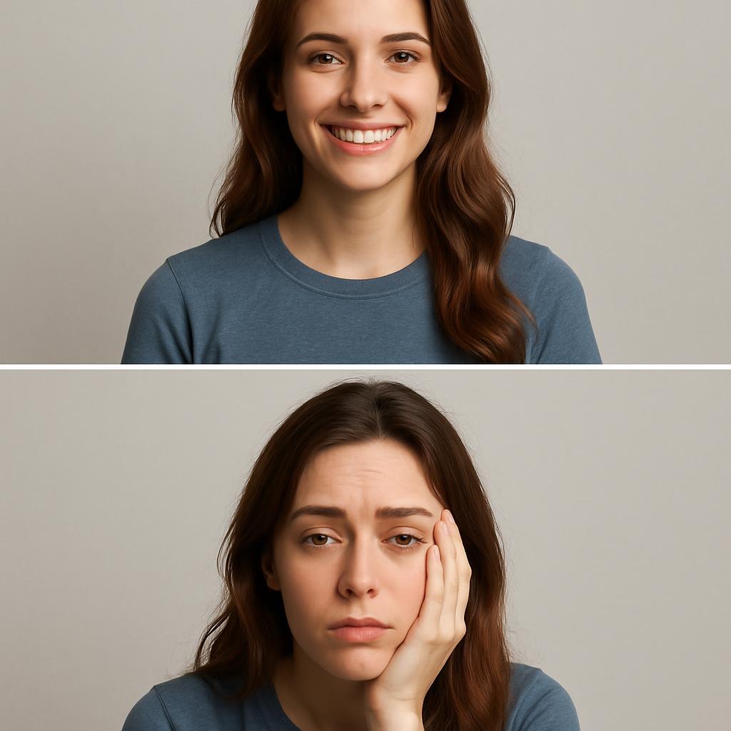 Two-panel meme with a young woman: top panel smiling confidently Blank Meme Template
