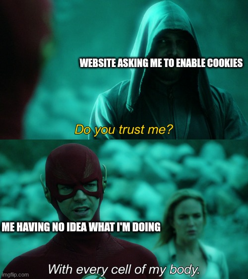 One random meme a day #1 | WEBSITE ASKING ME TO ENABLE COOKIES; ME HAVING NO IDEA WHAT I'M DOING | image tagged in do you trust me,series,the flash,caught you reading the tags | made w/ Imgflip meme maker