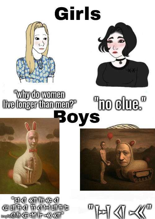 Girls vs Boys | "why do women live longer than men?"; "no clue."; "𐏀𐎤𐎽"; "𐎼𐎤 𐎧𐎠𐎵𐎤 𐎦𐎮𐎭𐎤 𐎡𐎤𐏀𐎮𐎭𐎣  𐎤𐎭𐎦𐎫𐎨𐎽𐎧" | image tagged in girls vs boys | made w/ Imgflip meme maker