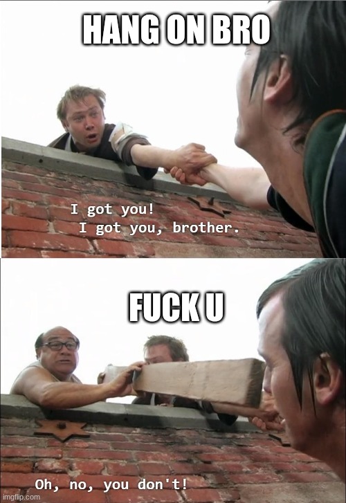 I got you brother | HANG ON BRO; FUCK U | image tagged in i got you brother | made w/ Imgflip meme maker