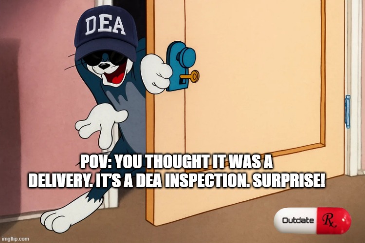 dea | POV: YOU THOUGHT IT WAS A DELIVERY. IT’S A DEA INSPECTION. SURPRISE! | image tagged in dead | made w/ Imgflip meme maker
