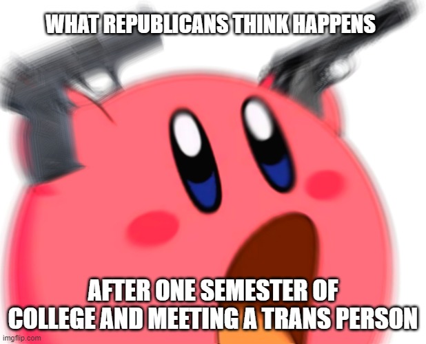 Everyone I don't like is a Marxist! | WHAT REPUBLICANS THINK HAPPENS; AFTER ONE SEMESTER OF COLLEGE AND MEETING A TRANS PERSON | image tagged in crazy gun kirb,maga,trans,trump,pedo | made w/ Imgflip meme maker
