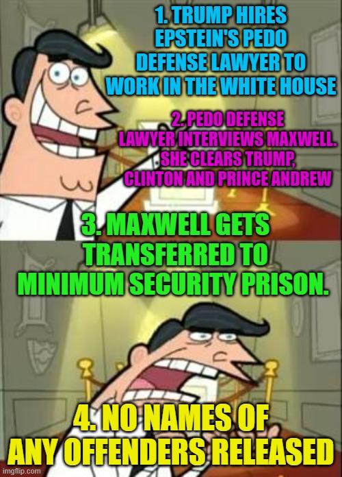 Pedo Cover-Up Maybe it's Maybelline | 1. TRUMP HIRES EPSTEIN'S PEDO DEFENSE LAWYER TO WORK IN THE WHITE HOUSE; 2. PEDO DEFENSE LAWYER INTERVIEWS MAXWELL. SHE CLEARS TRUMP, CLINTON AND PRINCE ANDREW; 3. MAXWELL GETS TRANSFERRED TO MINIMUM SECURITY PRISON. 4. NO NAMES OF ANY OFFENDERS RELEASED | image tagged in memes,this is where i'd put my trophy if i had one | made w/ Imgflip meme maker