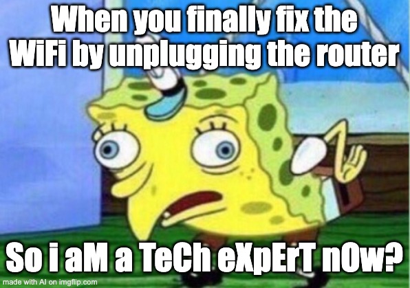 Mocking Spongebob | When you finally fix the WiFi by unplugging the router; So i aM a TeCh eXpErT nOw? | image tagged in memes,mocking spongebob | made w/ Imgflip meme maker
