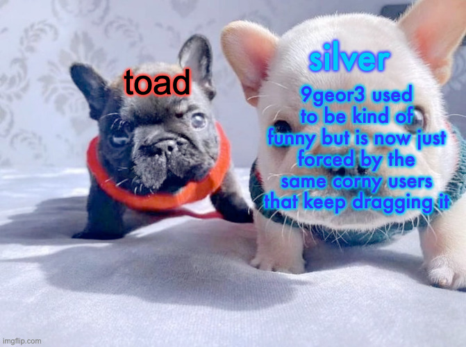 silver and toad's announcement temp | 9geor3 used to be kind of funny but is now just forced by the same corny users that keep dragging it | image tagged in silver and toad's announcement temp | made w/ Imgflip meme maker