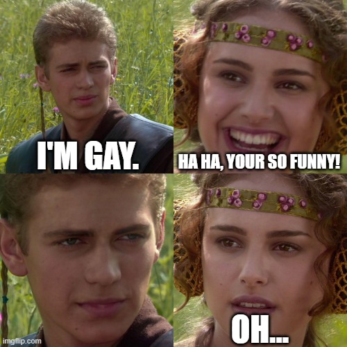 i'm joking :| | I'M GAY. HA HA, YOUR SO FUNNY! OH... | image tagged in anakin padme 4 panel,gay,you're joking | made w/ Imgflip meme maker