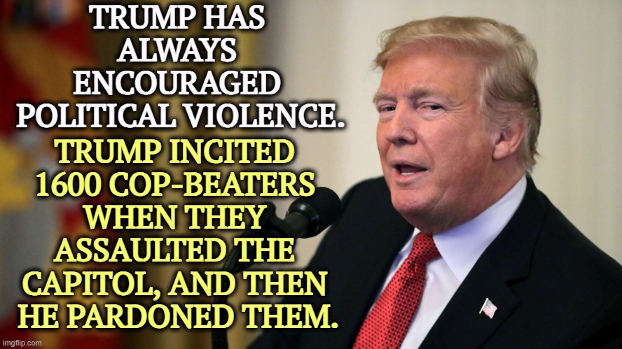 Trump loves political violence, as long as he's at a safe distance. | TRUMP HAS 
ALWAYS 
ENCOURAGED 
POLITICAL VIOLENCE. TRUMP INCITED 
1600 COP-BEATERS 
WHEN THEY 
ASSAULTED THE 
CAPITOL, AND THEN 
HE PARDONED THEM. | image tagged in trump con man side eye,trump,violence,conservative hypocrisy | made w/ Imgflip meme maker