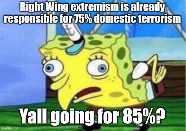 Mocking Spongebob Meme | Right Wing extremism is already responsible for 75% domestic terrorism Yall going for 85%? | image tagged in memes,mocking spongebob | made w/ Imgflip meme maker