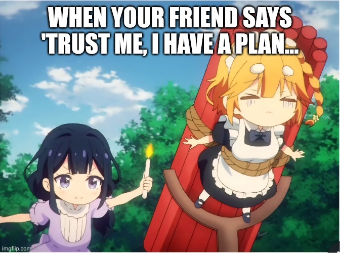 Friend | WHEN YOUR FRIEND SAYS 'TRUST ME, I HAVE A PLAN... | image tagged in friends,anime,memes | made w/ Imgflip meme maker