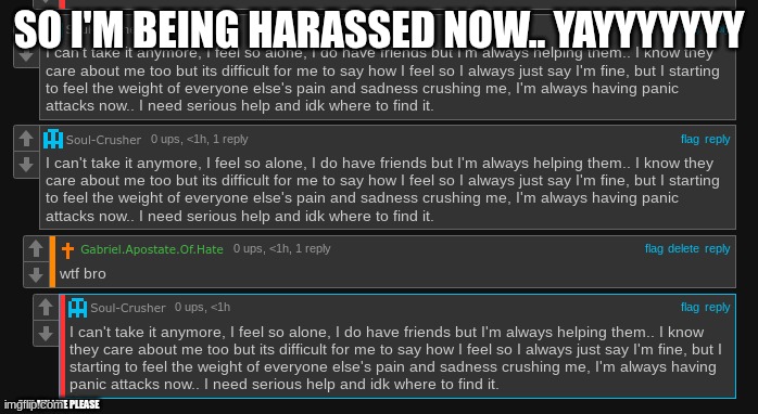 SO I'M BEING HARASSED NOW.. YAYYYYYYY; END MY LIFE PLEASE | made w/ Imgflip meme maker