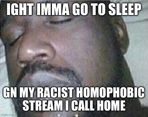 Shaq sleep | IGHT IMMA GO TO SLEEP; GN MY RACIST HOMOPHOBIC STREAM I CALL HOME | image tagged in shaq sleep | made w/ Imgflip meme maker